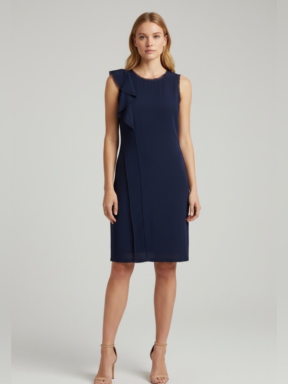 Simply Vera Vera Wang Navy Blue Asymmetrical Ruffle Shift Dress Small Excellent